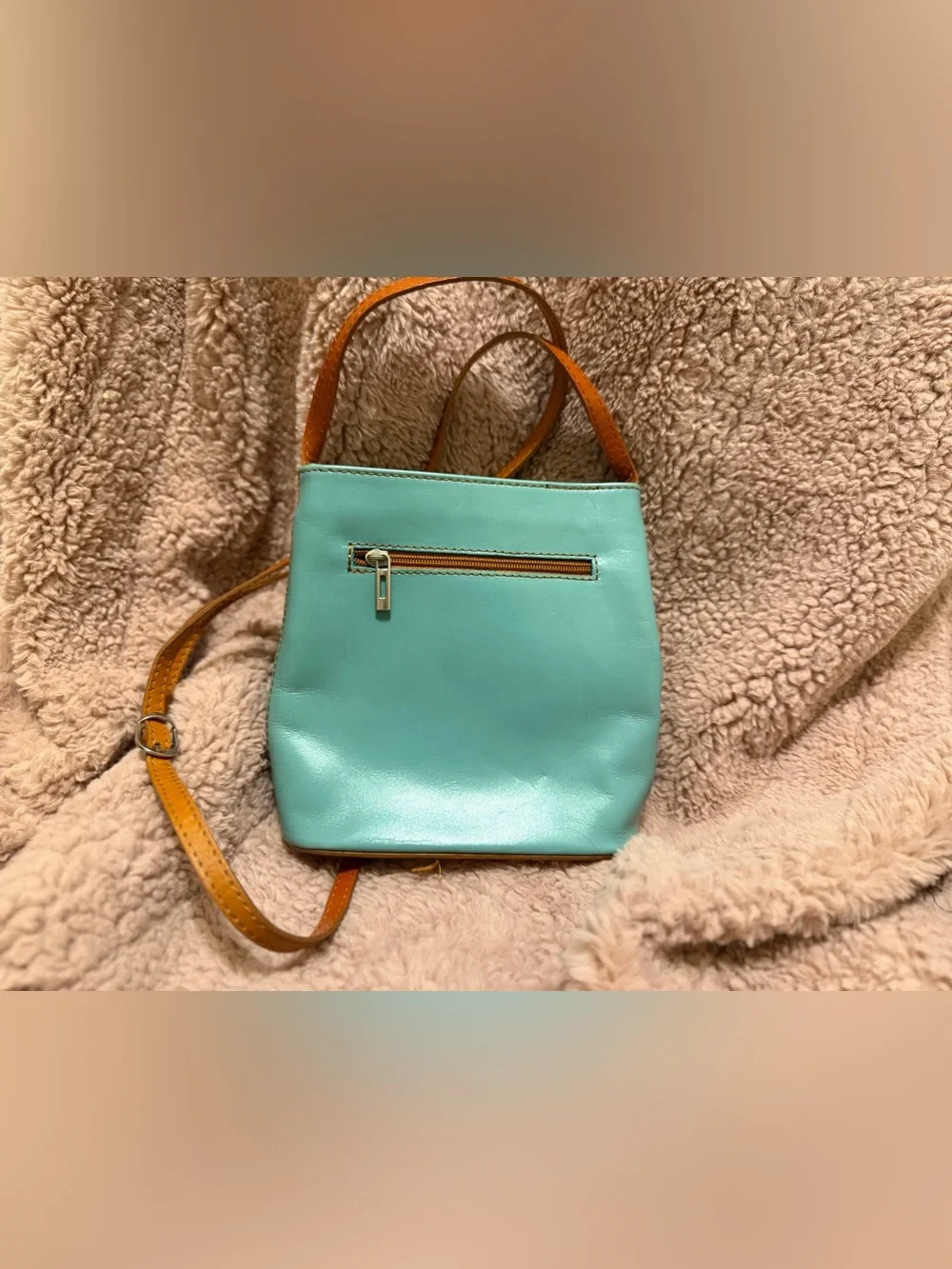 Vera Pelle Italian Leather Turquoise Cognac Crossbody Bag Made in Italy